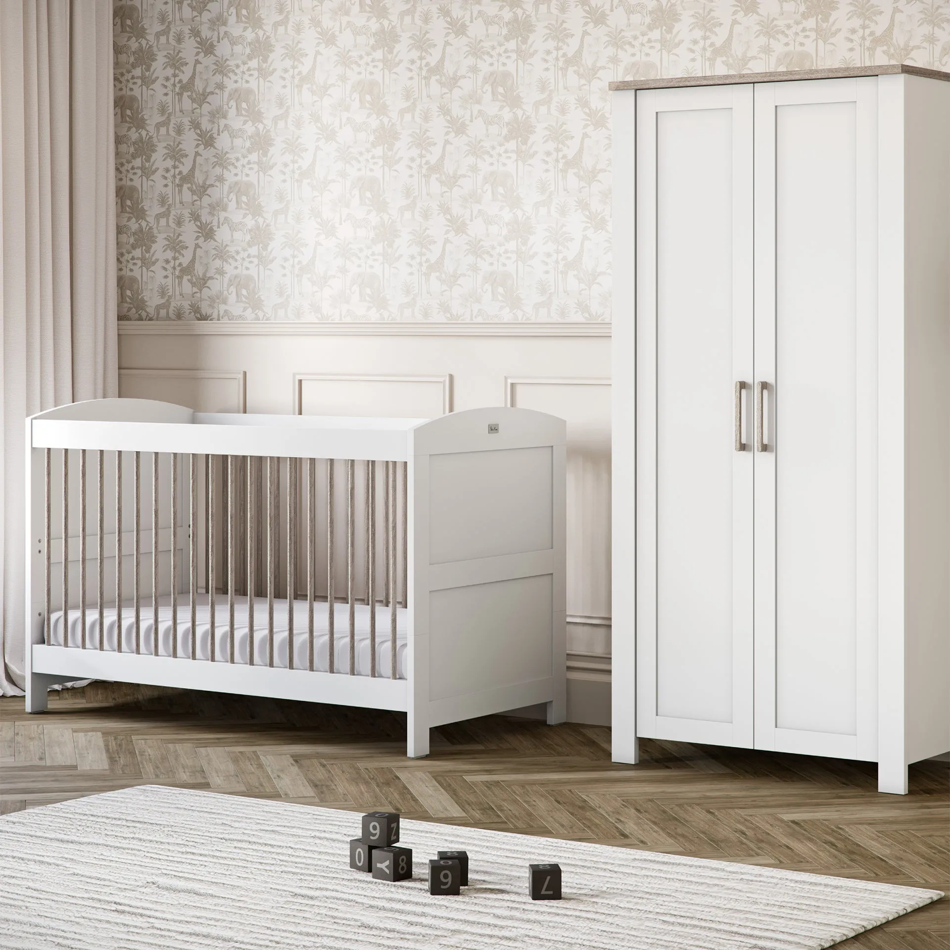 Silver Cross Valencia 4 Piece Nursery Furniture Set with Cot Bed, Dresser, Wardrobe and TrueFit Eco Fibre Mattress