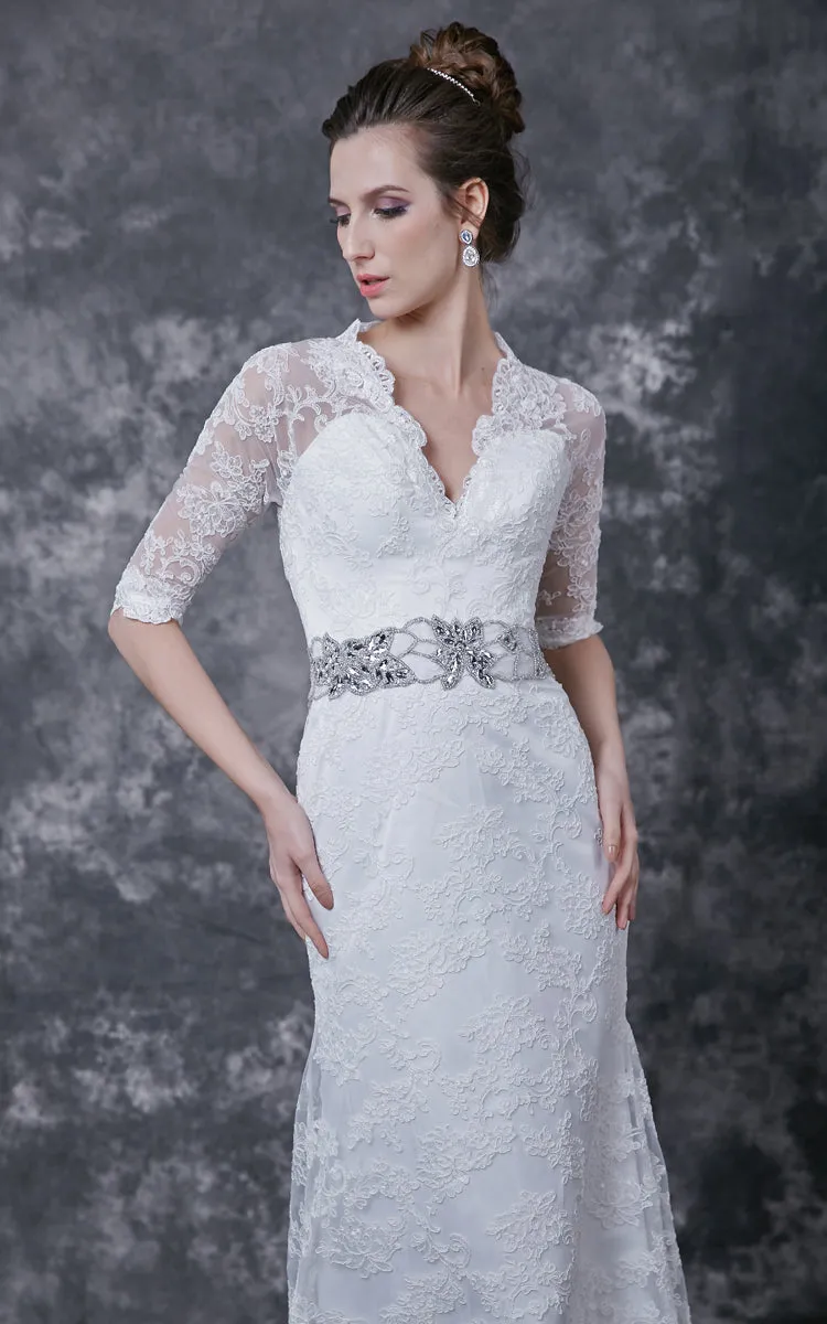 Stylish 3 4 Sleeve Long Lace Dress With Crystal Embellished Waist-ZP_706220