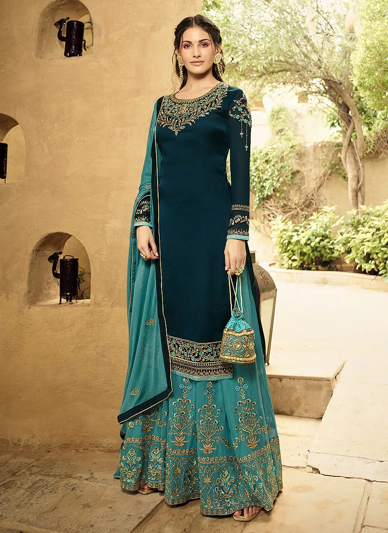 Turquoise And Blue Embroidered Designer Sharara Suit