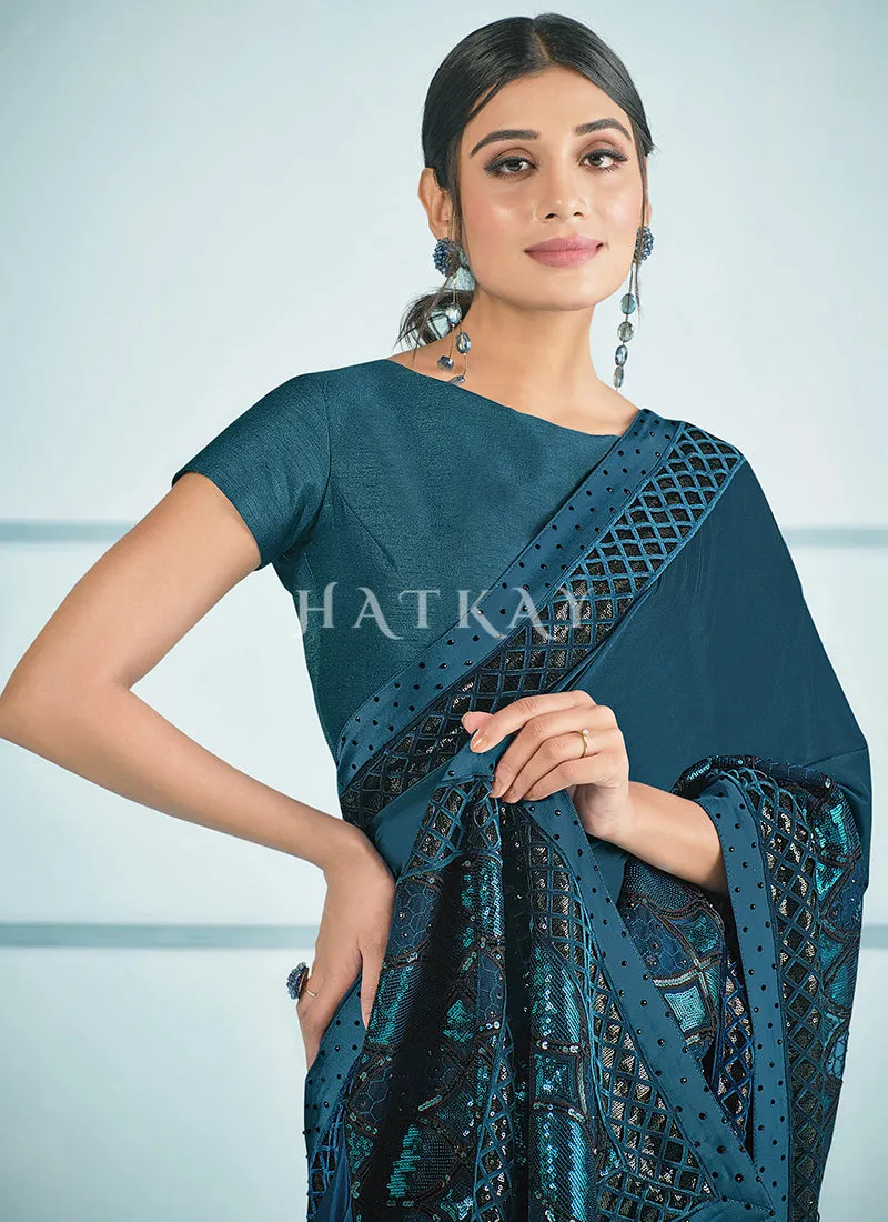 Turquoise Blue Sequence Embroidered Festive Saree