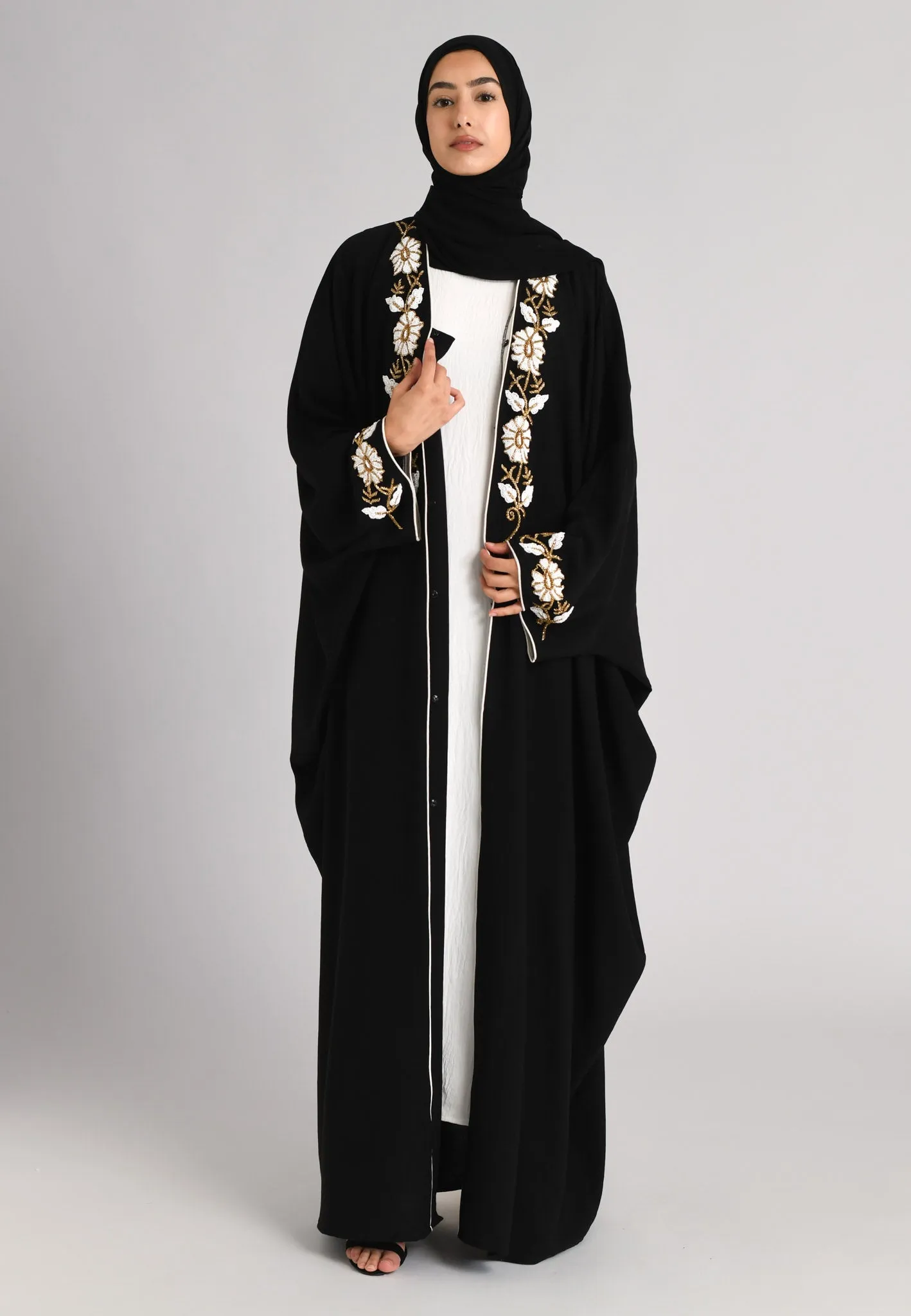 White and Gold Floral Embellished Batwing Farasha