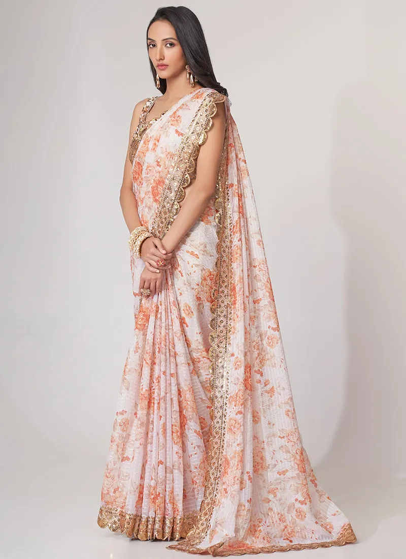 White Floral Print And Sequence Embroidery Organza Saree