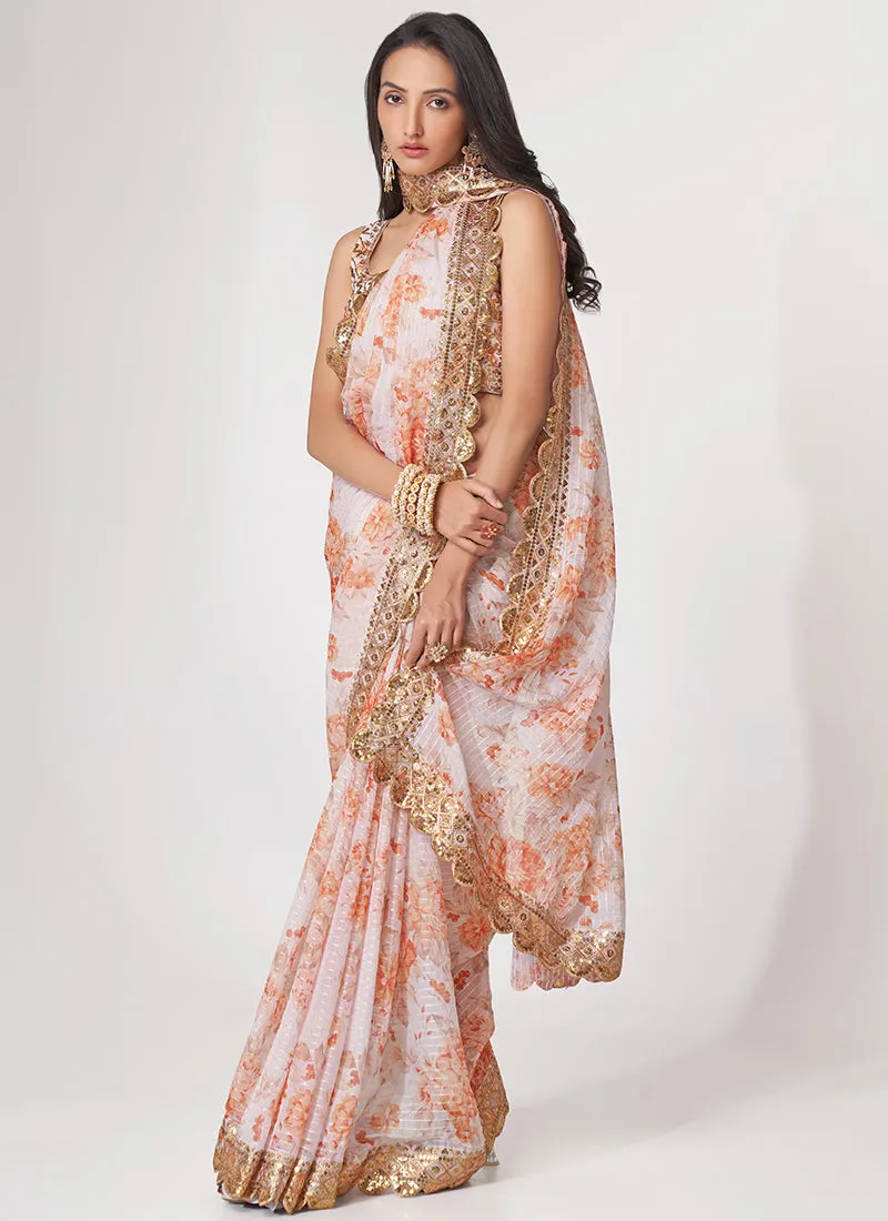 White Floral Print And Sequence Embroidery Organza Saree